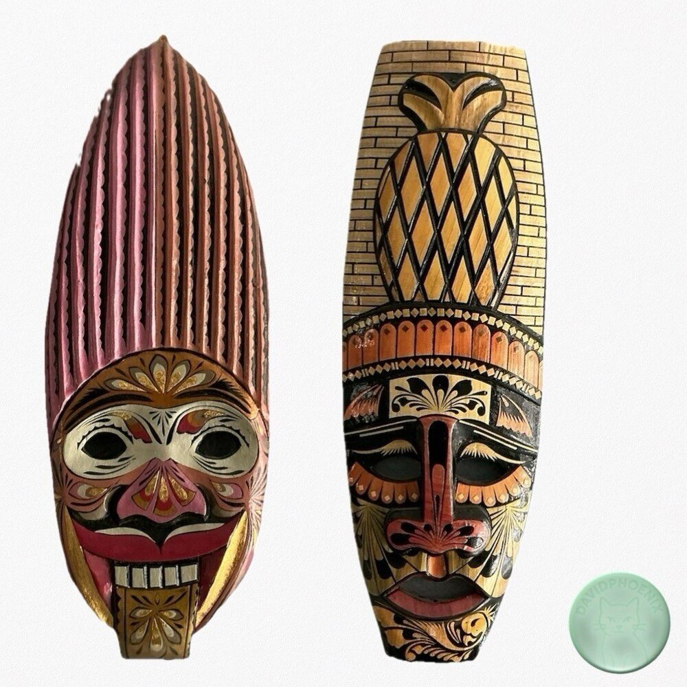 Handmade Colombian Indigenous Wooden Tribal Masks – Set of 2 – Folk Art Wall